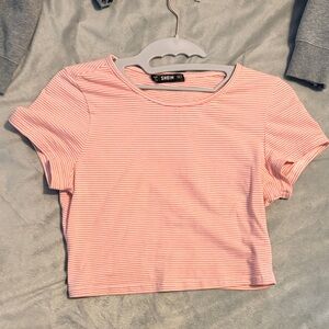 SHEIN Pink Thin-Striped Short Sleeve Crop Top